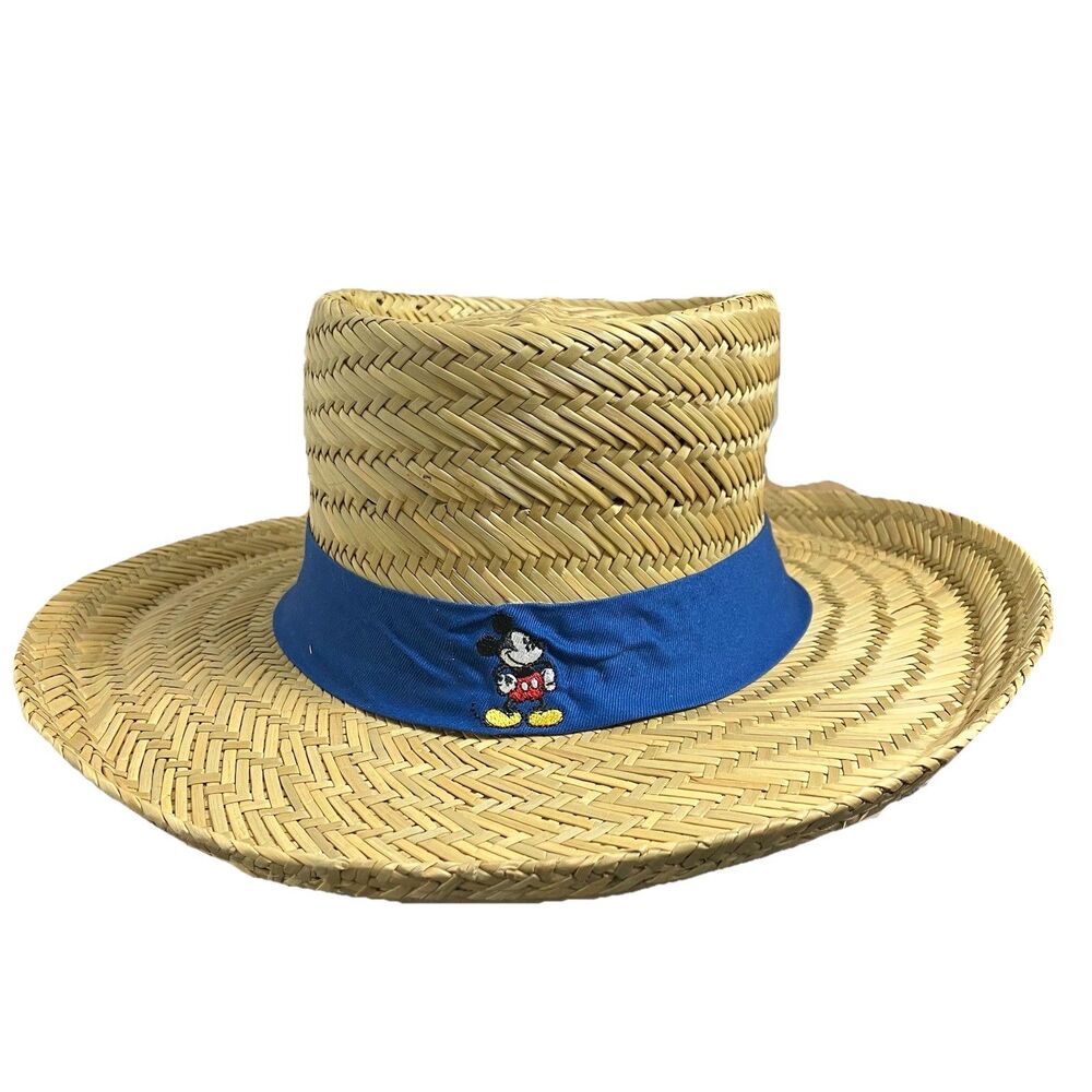 Disney Mickey Mouse Straw Sun Hat Mens Wide Brim Blue Band Beach Resort Cruise
